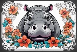 cute hippo with flowers tattoo idea