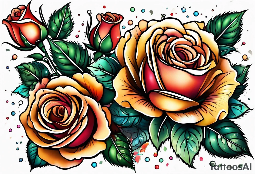 Roses with filled in stars & bubbles tattoo idea