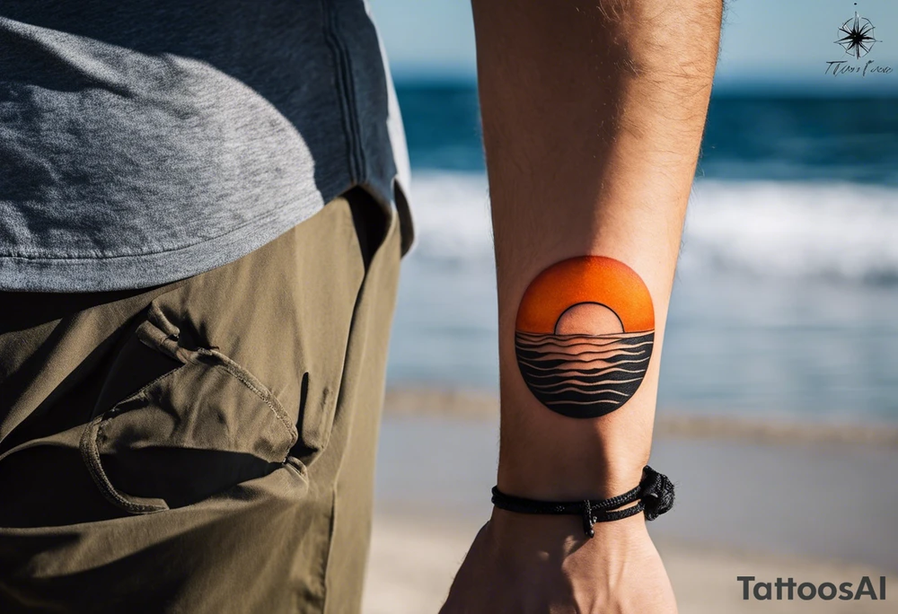 This is an extremely simple and minimalistic tattoo placed on male forearm. It is black and white with tiny splashes of orange from the sun. The tattoo is 4 inches wide by 2 inches tall. From the perspective of being on the ocean, the water is calm, with no waves in sight, the sun is setting behind the ocean, reflecting light onto the water. Most importantly, the tattoo in the shape of a rectangle, 4 inches wide by 2 inches tall. tattoo idea