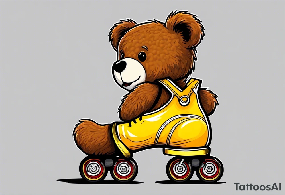 the back of one standing, skinny, brown ,
teddy bear in long, yellow overalls and white roller skates with red stripes on his feet tattoo idea