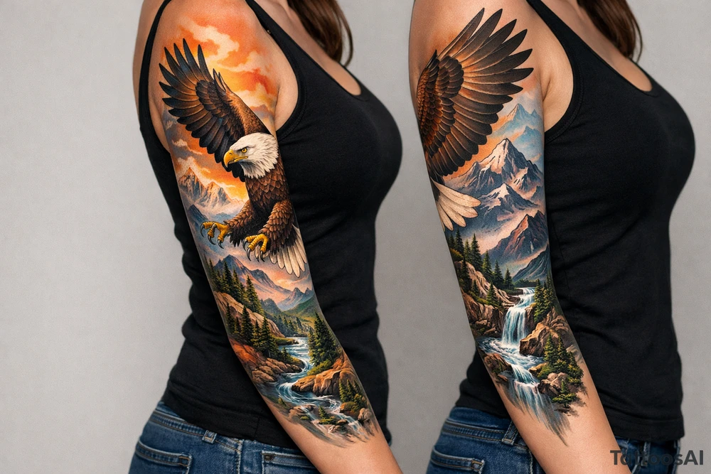 majestic eagle spreading wings against mountain peaks tattoo idea