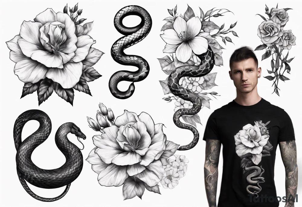 Snake wrapping around flowers tattoo idea
