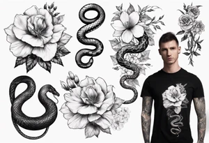 Snake wrapping around flowers tattoo idea