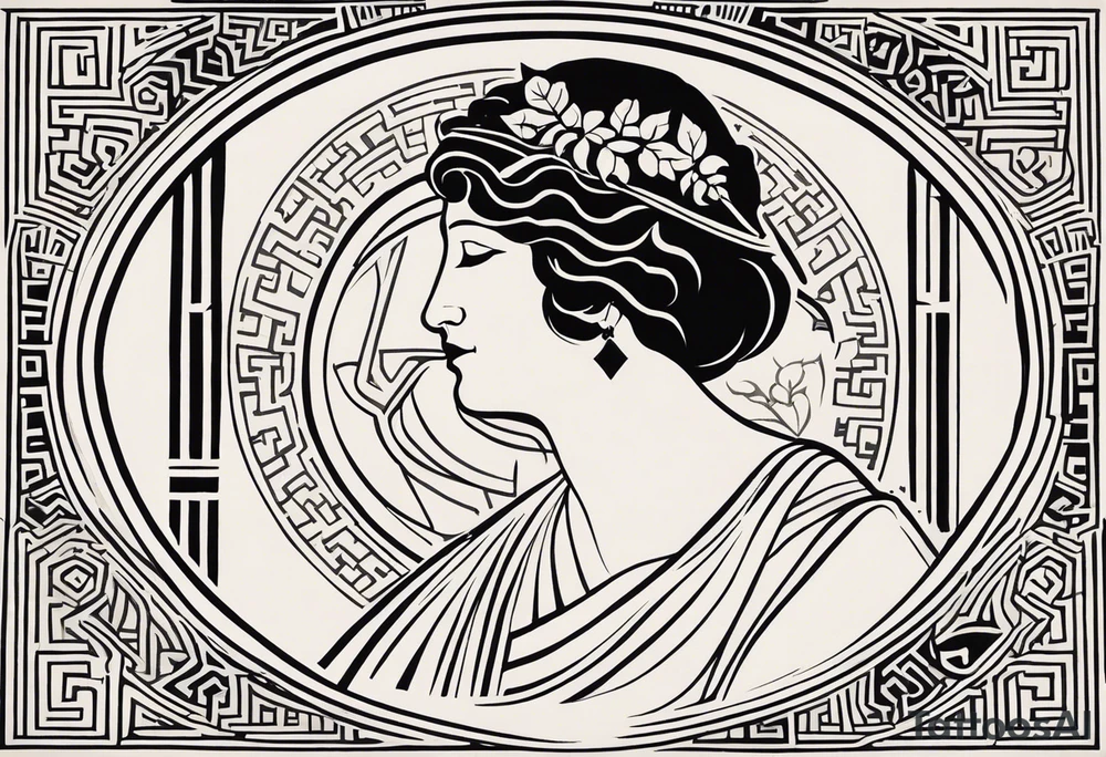 Craft an abstract yet distinctly ancient Greek-inspired tattoo design featuring Dionysus and Clio. Incorporate motifs from classical Greek art such as geometric patterns, meander borders, and stylized representations of the gods. For Dionysus, integrate symbols like grape clusters, ivy leaves, or the thyrsus staff in a dynamic and fluid composition, capturing the essence of his revelry and passion. Similarly, for Clio, infuse elements like scrolls, laurel wreaths, or the lyre into the design, evoking a sense of scholarly enlightenment and artistic inspiration. Ensure the overall aesthetic echoes the elegance and timelessness of ancient Greek art, offering a unique interpretation of these revered deities tattoo idea