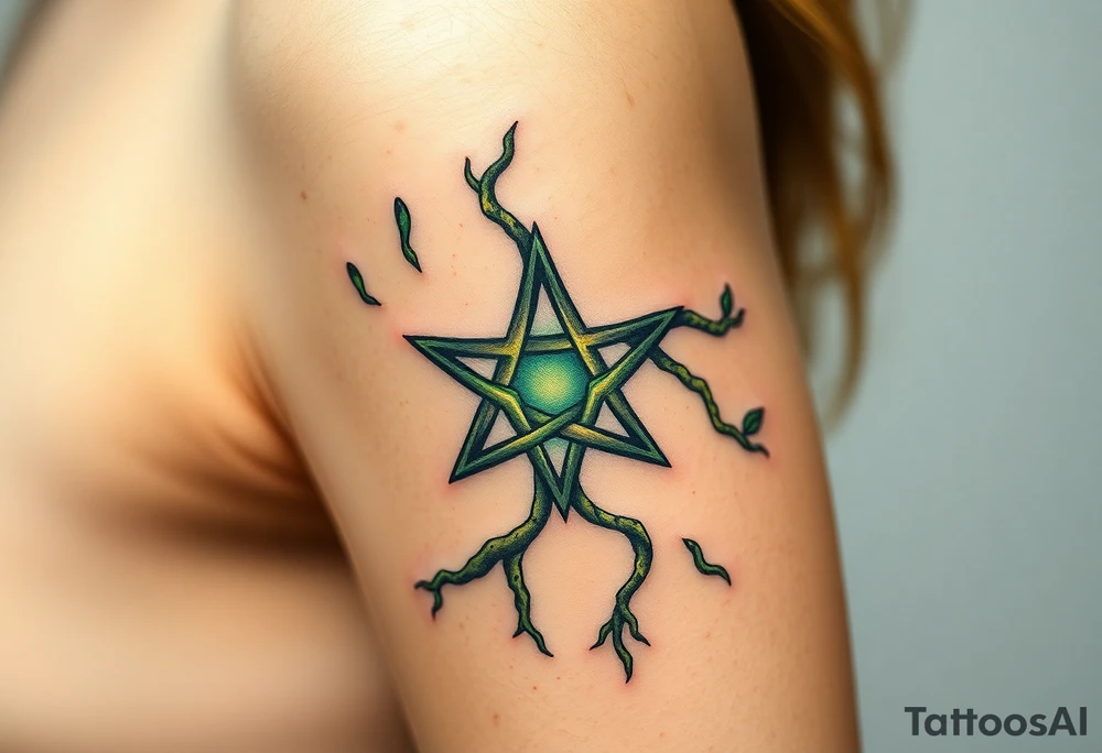 A nature-inspired pentagram made of twisted roots, with glowing green veins pulsing with life. tattoo idea