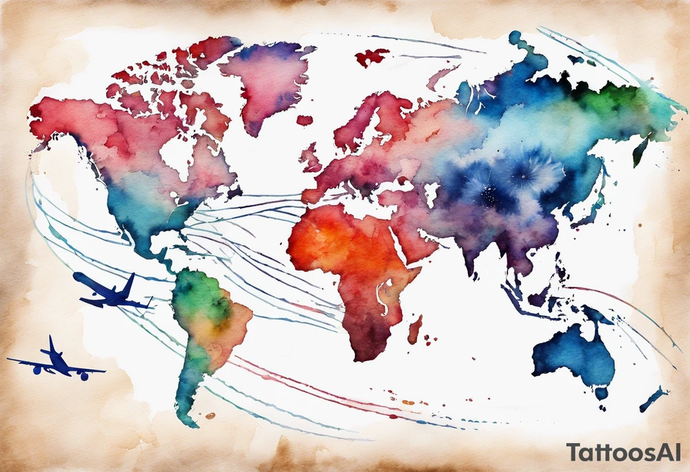 Map with tiny jet plane showing intercontinental flight path. Watercolor with spilled watercolor look abstract tattoo idea