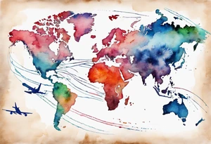 Map with tiny jet plane showing intercontinental flight path. Watercolor with spilled watercolor look abstract tattoo idea
