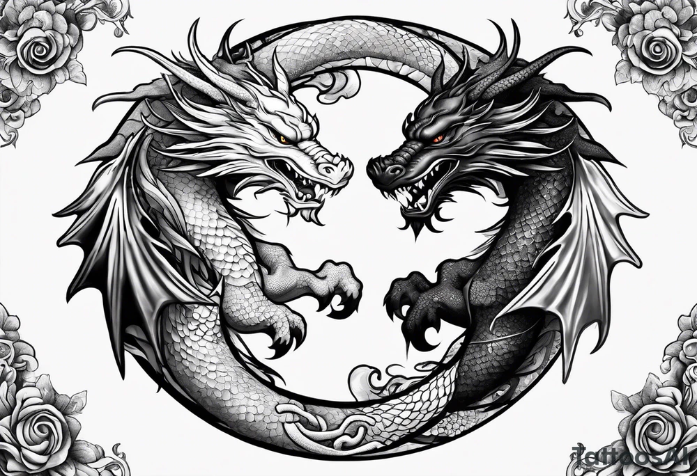 Ying yang dragons in a fighting eachother , with full bodies tattoo idea