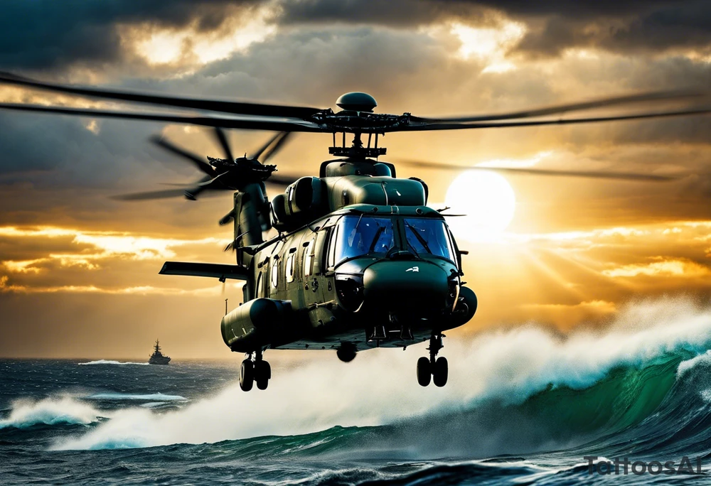 A cinematic-style tattoo depicting a Canadian military CH-148 Cyclone helicopter performing a daring maneuver over a turbulent ocean. The sky should be filled with dramatic clouds, and the sun should be setting, casting long shadows. The helicopter should be the main focus, with intricate details and a sense of motion. In the background, a poppy should be prominently displayed, and a quote from 'Lest We Forget' should be included, black and white tattoo idea