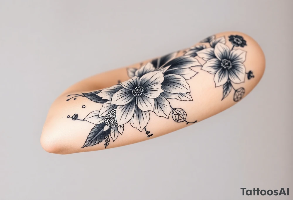 floral composition with japanese vibe, mutiple ornemental patern and leaf, dot geometric ornement, lycoris tattoo idea