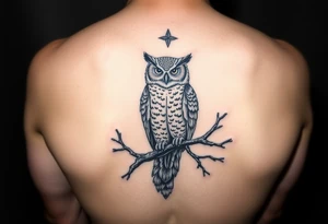 wise owl perched on ancient oak branch under starlit sky tattoo idea