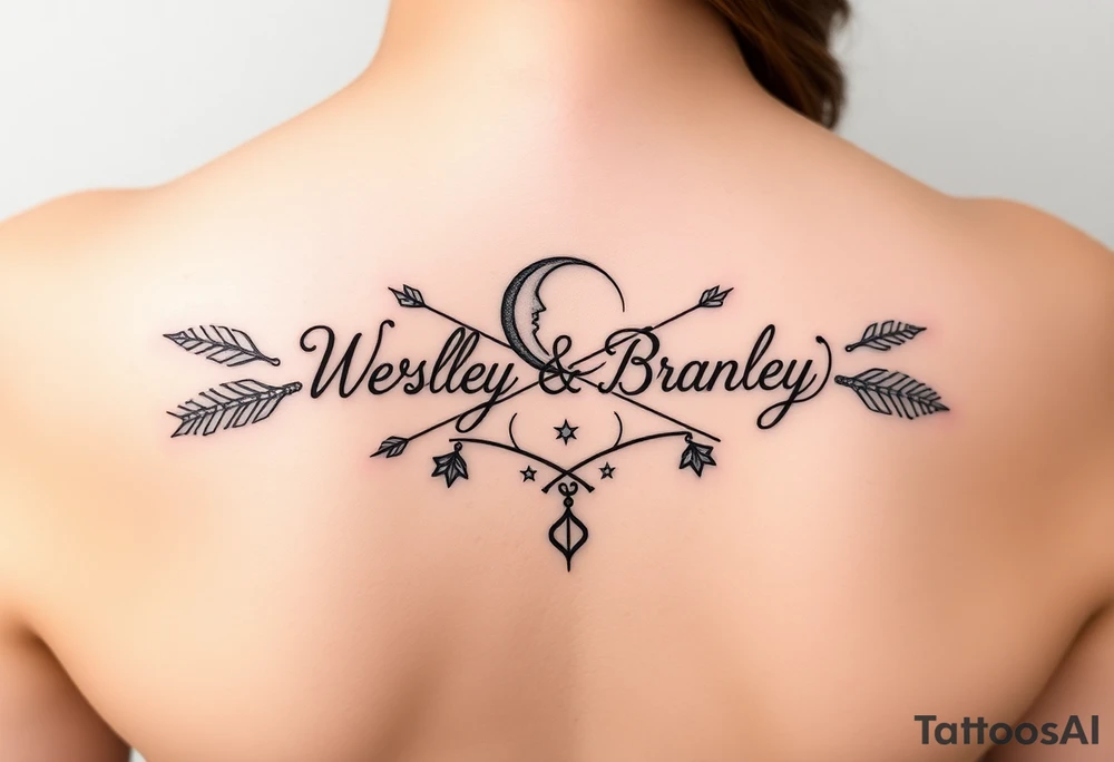 Name tattoo with Wesley, Brantley, Logan with entwined arrows and moons and stars tattoo idea