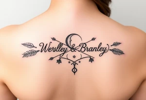 Name tattoo with Wesley, Brantley, Logan with entwined arrows and moons and stars tattoo idea