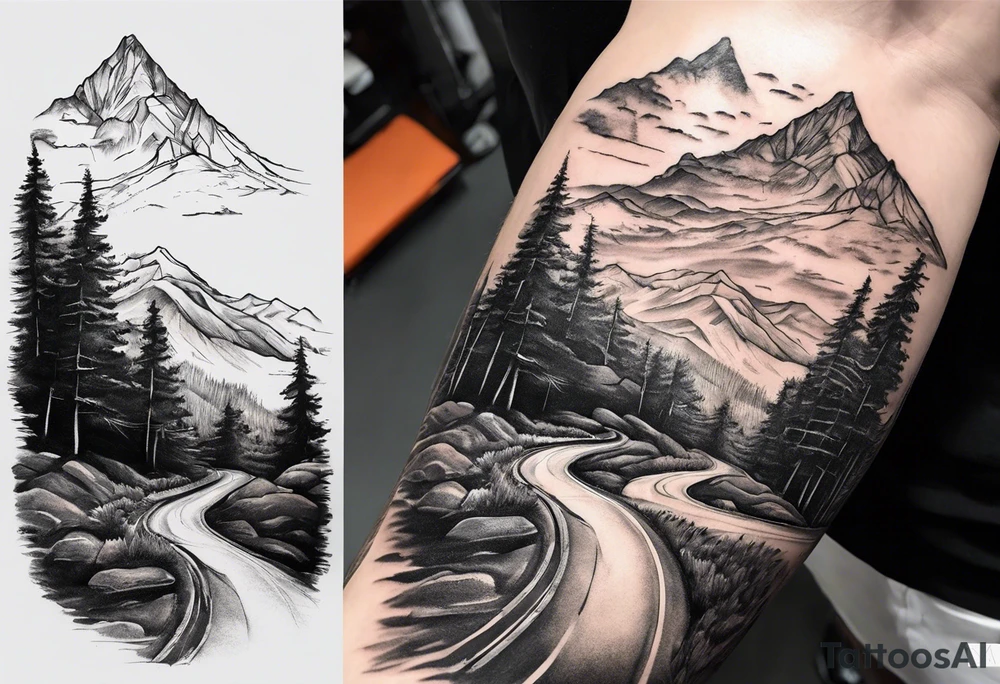 road into mountain on forearm with quote my road, my journey tattoo idea