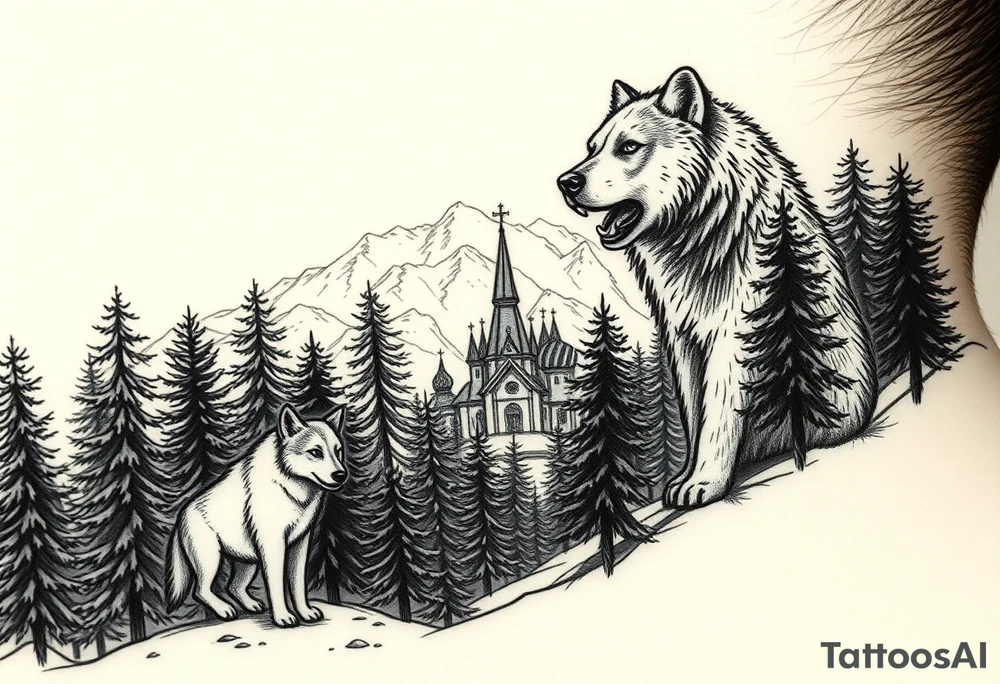 Nature/Landscape

Wolves in a pine forest (extending the tree line you already have)
A Russian bear emerging from the treeline
Snow-capped mountains behind the church scene tattoo idea