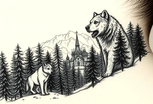 Nature/Landscape

Wolves in a pine forest (extending the tree line you already have)
A Russian bear emerging from the treeline
Snow-capped mountains behind the church scene tattoo idea
