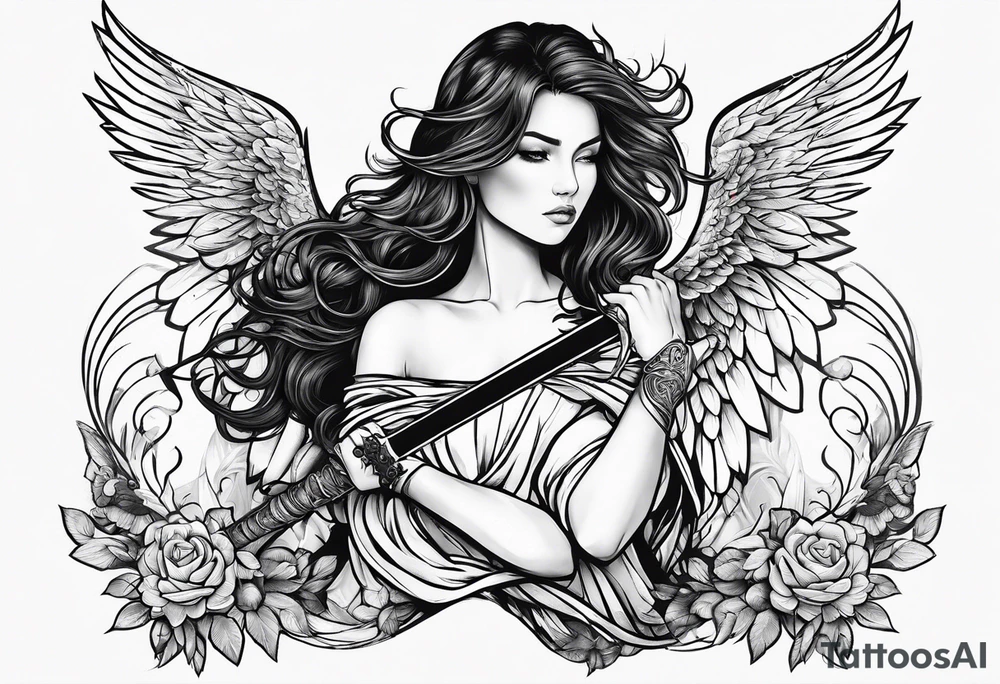 Female angel with sword and dominant tattoo idea