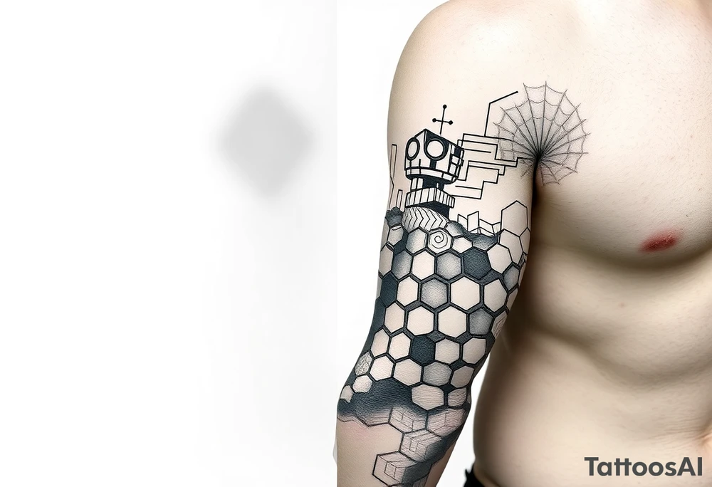design a full sleeve tattoo that consists of a base layer of abstract hexagon pattern overlaid with a little blackwork abstract while incorporating the top tattoo and integrating slight biomech designs tattoo idea