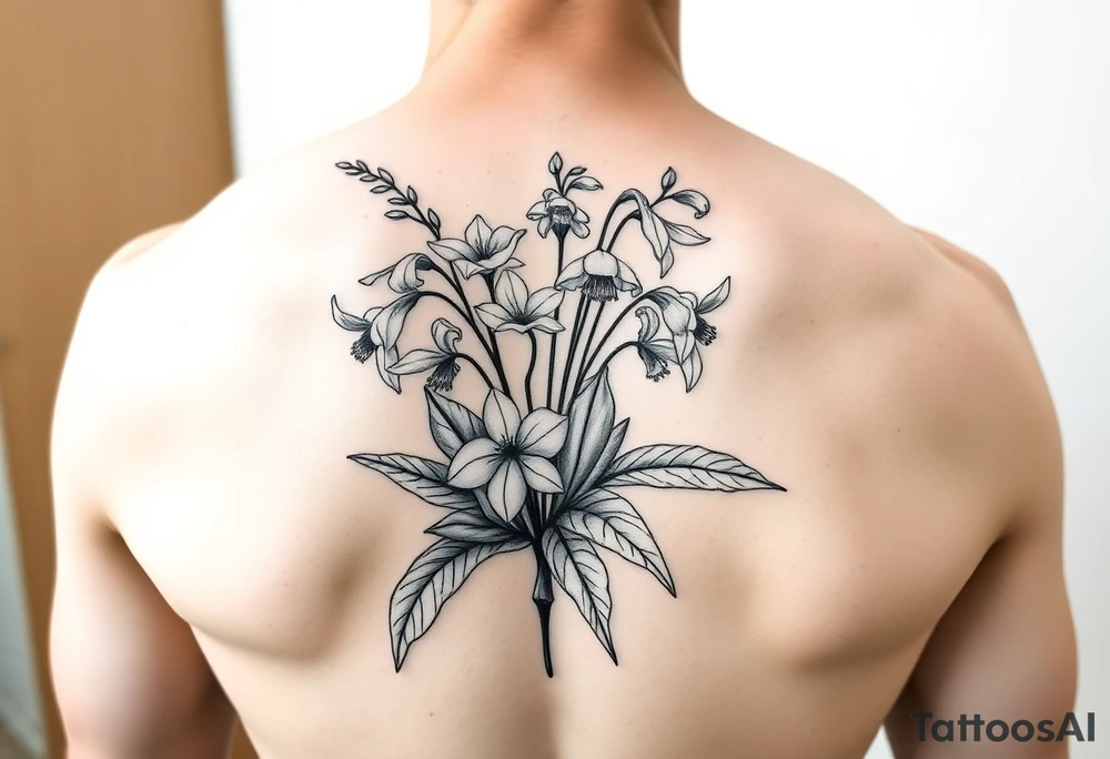 Larkspur and lily of the valley bouquet tattoo idea