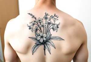 Larkspur and lily of the valley bouquet tattoo idea