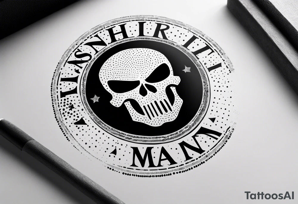 The Punisher skull with Manners Maketh Man text tattoo idea