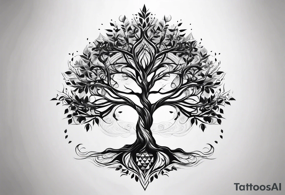 tree of life with long vertical roots
3 line triangles behind tattoo idea