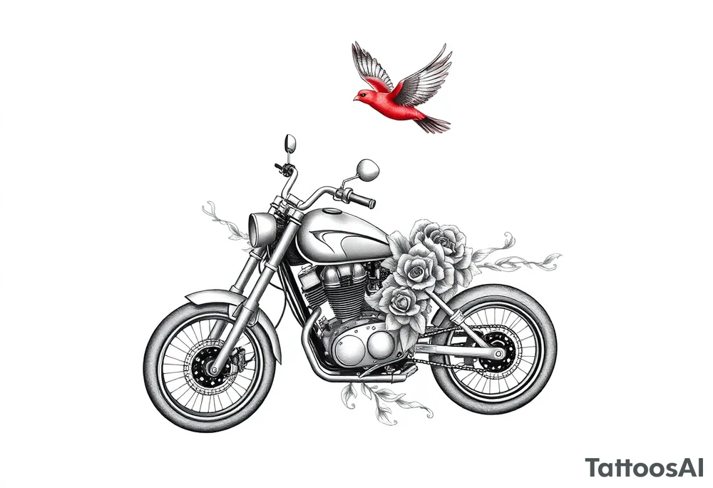Motorcycle with a red bird flying with roses and lace with flames tattoo idea