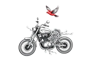 Motorcycle with a red bird flying with roses and lace with flames tattoo idea