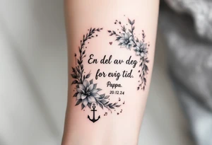 make a qoute sayin "En del av deg for evig tid. 
Pappa 20.12.24"
Surround the quote with delicate long blossom gladious, music notes, hearts and an anchor on the lower right side tattoo idea