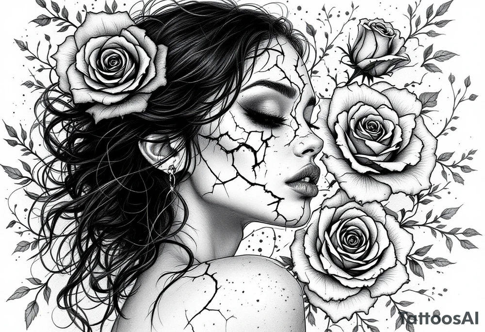 Broken Black woman surrounded by roses that shows the good and evil of humanity tattoo idea