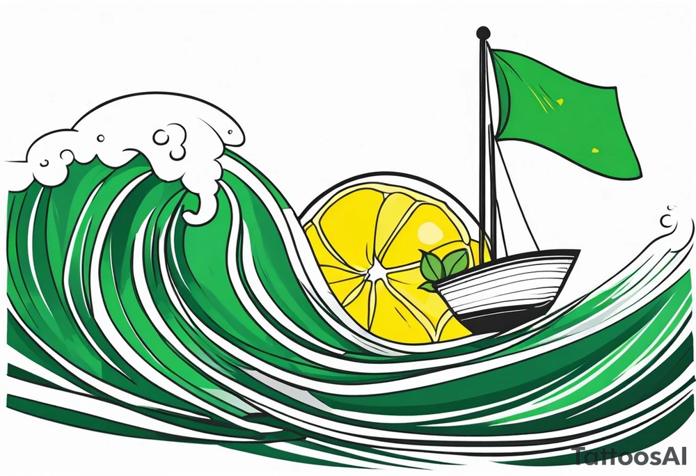 A lemon-Buoy with a green leaf-flag on waves tattoo idea