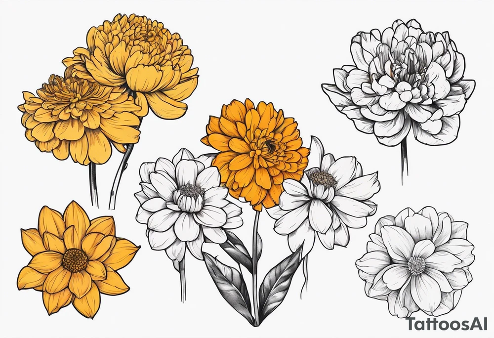 One stemless marigold, chrysanthemum, and
narcissus side by side tattoo idea