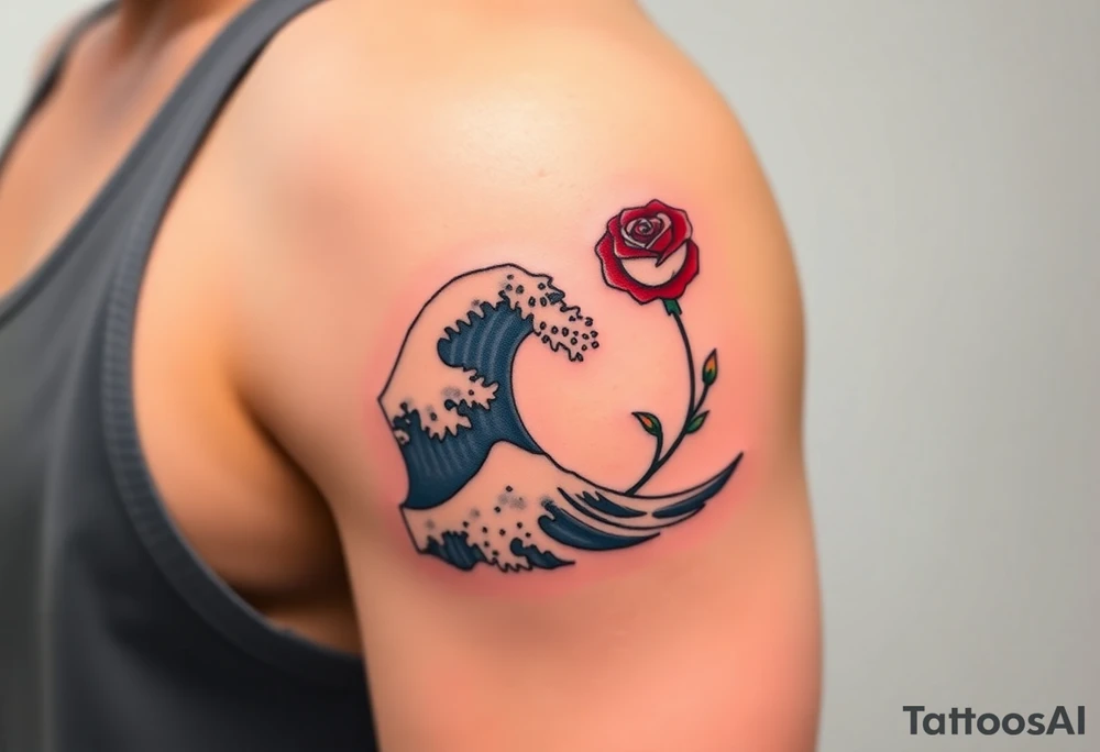 The Great Wave off Kanagawa incorporate a red rose with a stem on the side of the wave tattoo idea