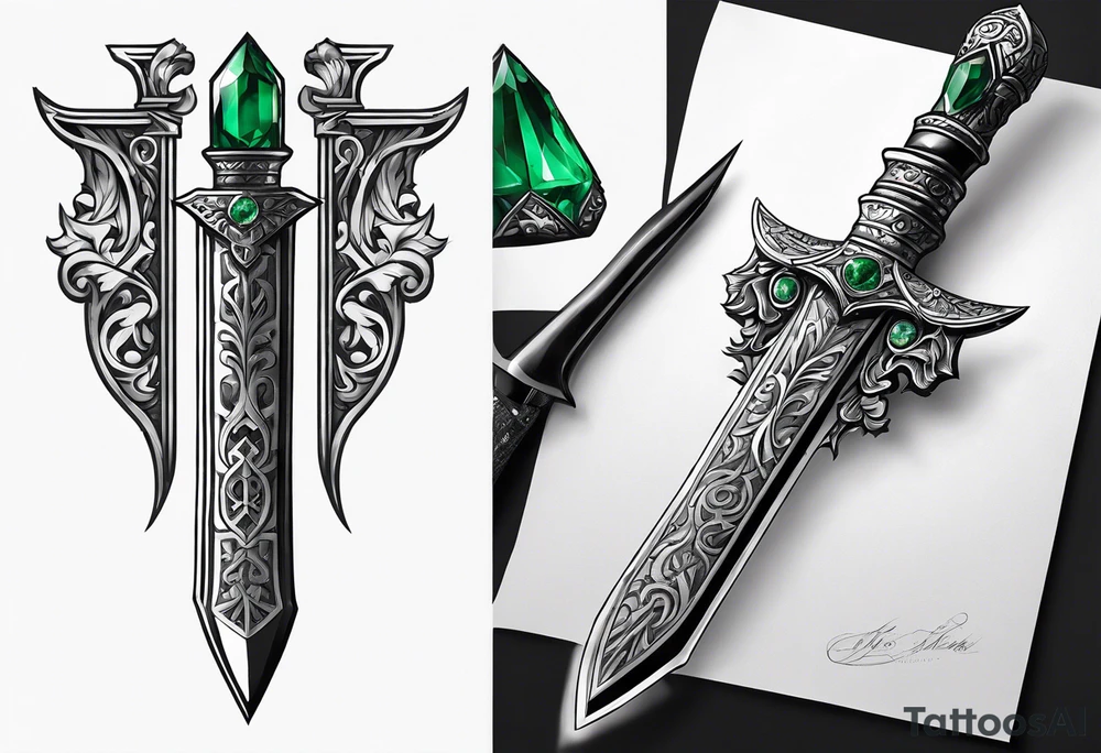 An athame dagger with the hilt turned upward and an emerald gemstone on the hilt not on the blade tattoo idea