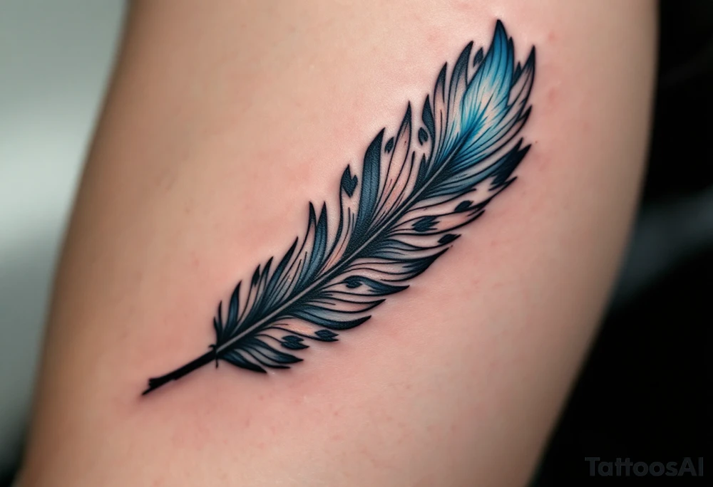 A black ink feather turning into birds, with one bird in light blue representing the son’s spirit. tattoo idea