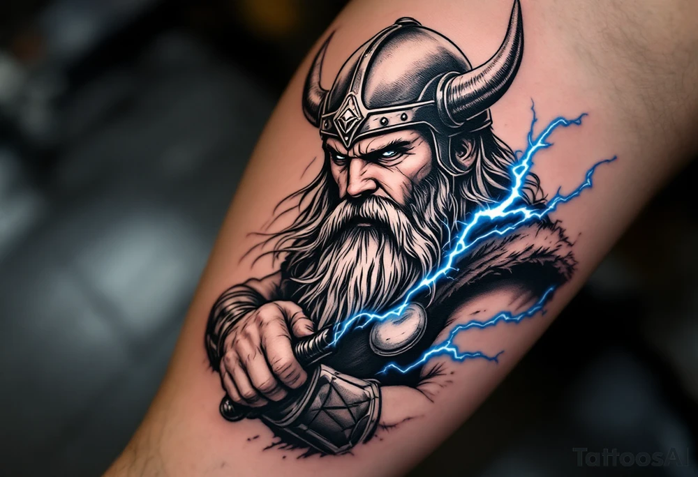 A fierce, bearded Norse Thor in battle, gripping Mjölnir with lightning crackling around him, wearing a detailed Viking helmet, in black and grey realism with electric blue highlights. tattoo idea