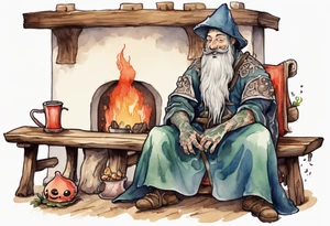 a myconid with a long beard wearing a mushroom hat and medieval tunic sitting on a bench by a fireplace drinking from a wood cup, smiling tattoo idea