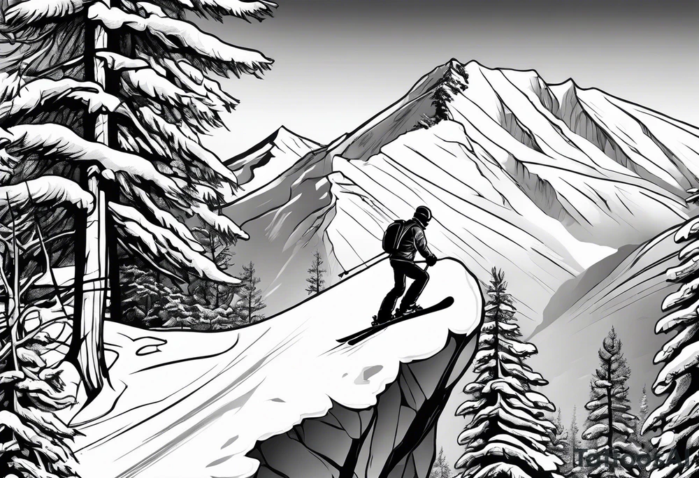snow skier coming off cliff with trees and mountains tattoo idea