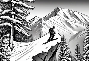snow skier coming off cliff with trees and mountains tattoo idea