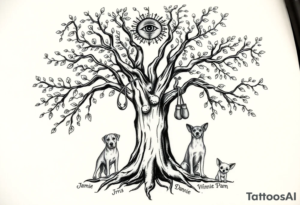 Hippy beech tree full of life. 
Jamie, Derek, Iris, John, bill, Winnie names in the roots, Mavis, Garhi, Mickey, Pam, Lucy, in the branches at the top. Names can be in Hebrew. 
Three dogs a Rhodesian Ridgeback, King Charles cavalier and chihuahua. 
Prett, feminine ornate. Boxing gloves hanging from tree maybe with an all seeing eye overseeing it all. Must be feminine and pretty tattoo idea