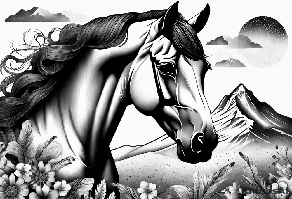 Wild horse, mountain background, feather, flowers, western tattoo idea