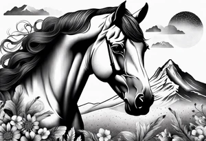 Wild horse, mountain background, feather, flowers, western tattoo idea