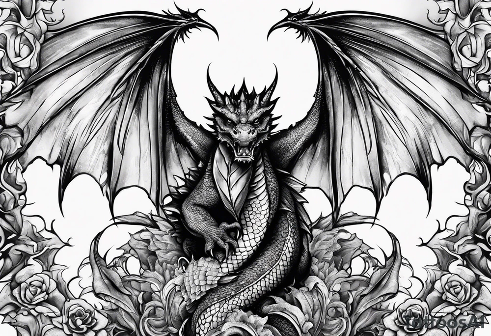 Mother dragon wings spread with 3 baby dragons tattoo idea