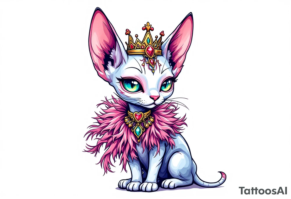 Chibi new school Glamorous sphinx cat with a pink feather boa and wearing a crown tattoo idea