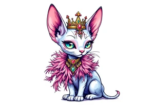 Chibi new school Glamorous sphinx cat with a pink feather boa and wearing a crown tattoo idea