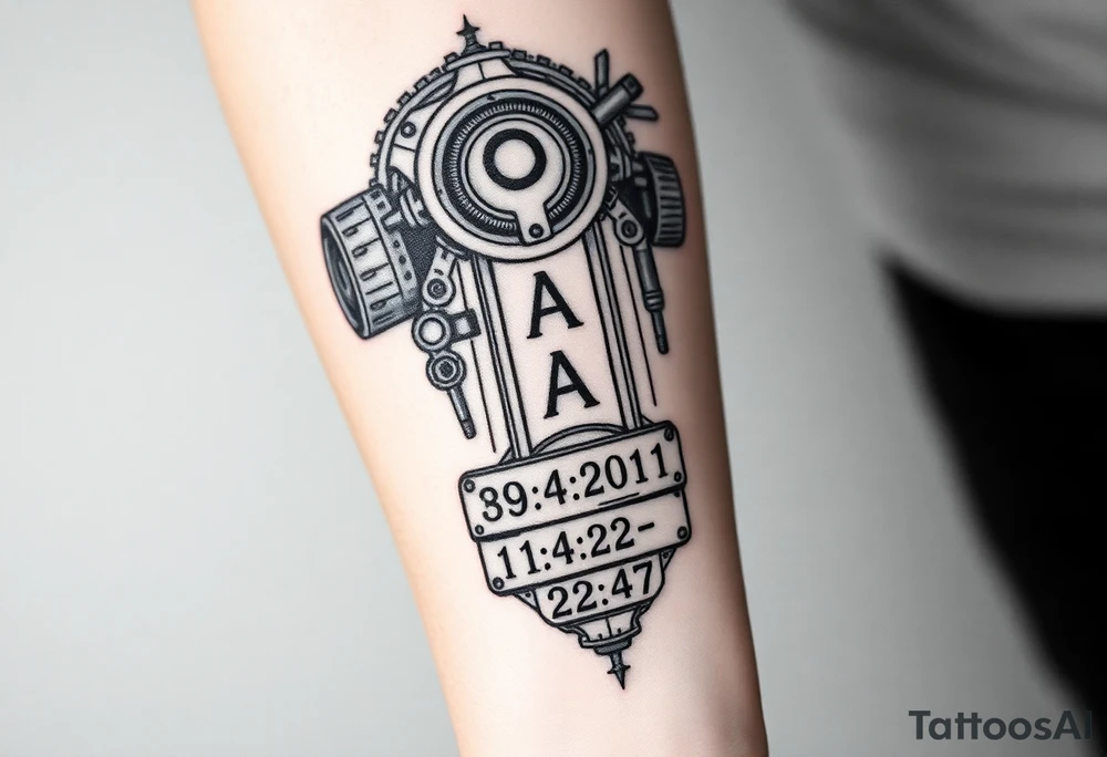 Black and grey tattoo, futuristic mechanical style, gears, pistons, and industrial elements, LOAN vertically centered, date 29.04.2011 at the bottom, time 22:47 engraved on a metal plate. Highly detailed and realistic design, suitable for inner forearm. tattoo idea