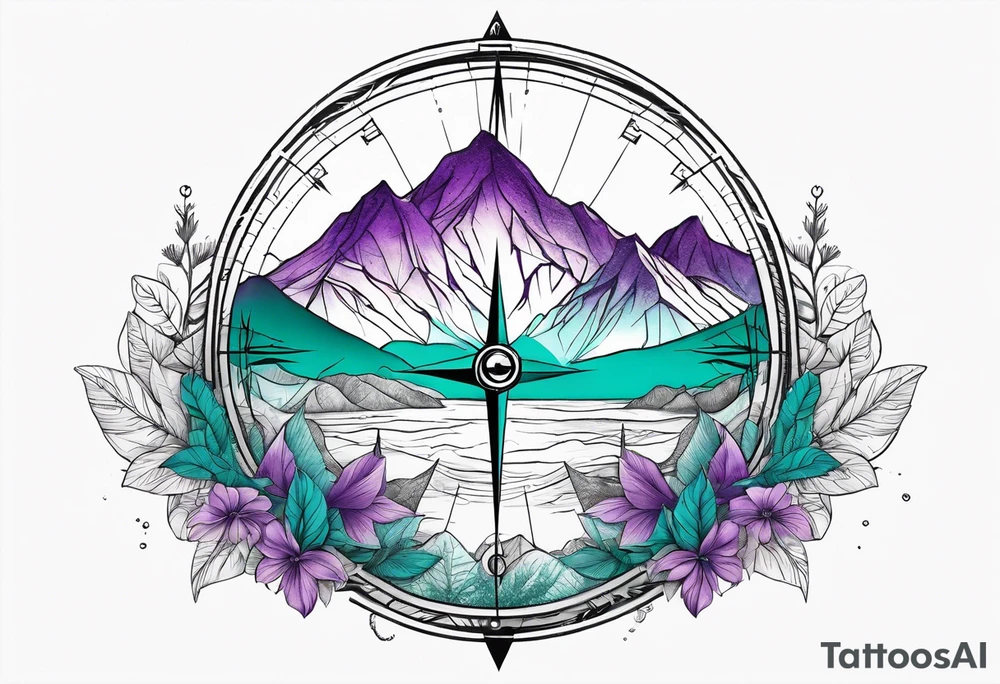 Mountain with a compass rose behind it. Teal and Purple nature in front. tattoo idea