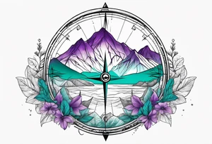 Mountain with a compass rose behind it. Teal and Purple nature in front. tattoo idea