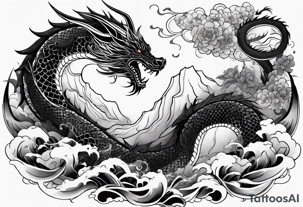 blackwork negative space dragon sleeve tattoo idea