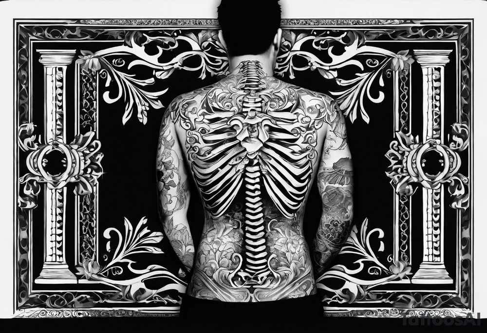 back tattoo with the word momento mori included plus two hands coming together. One skeleton the other real. would also like a sword/something similar going down my spine tattoo idea